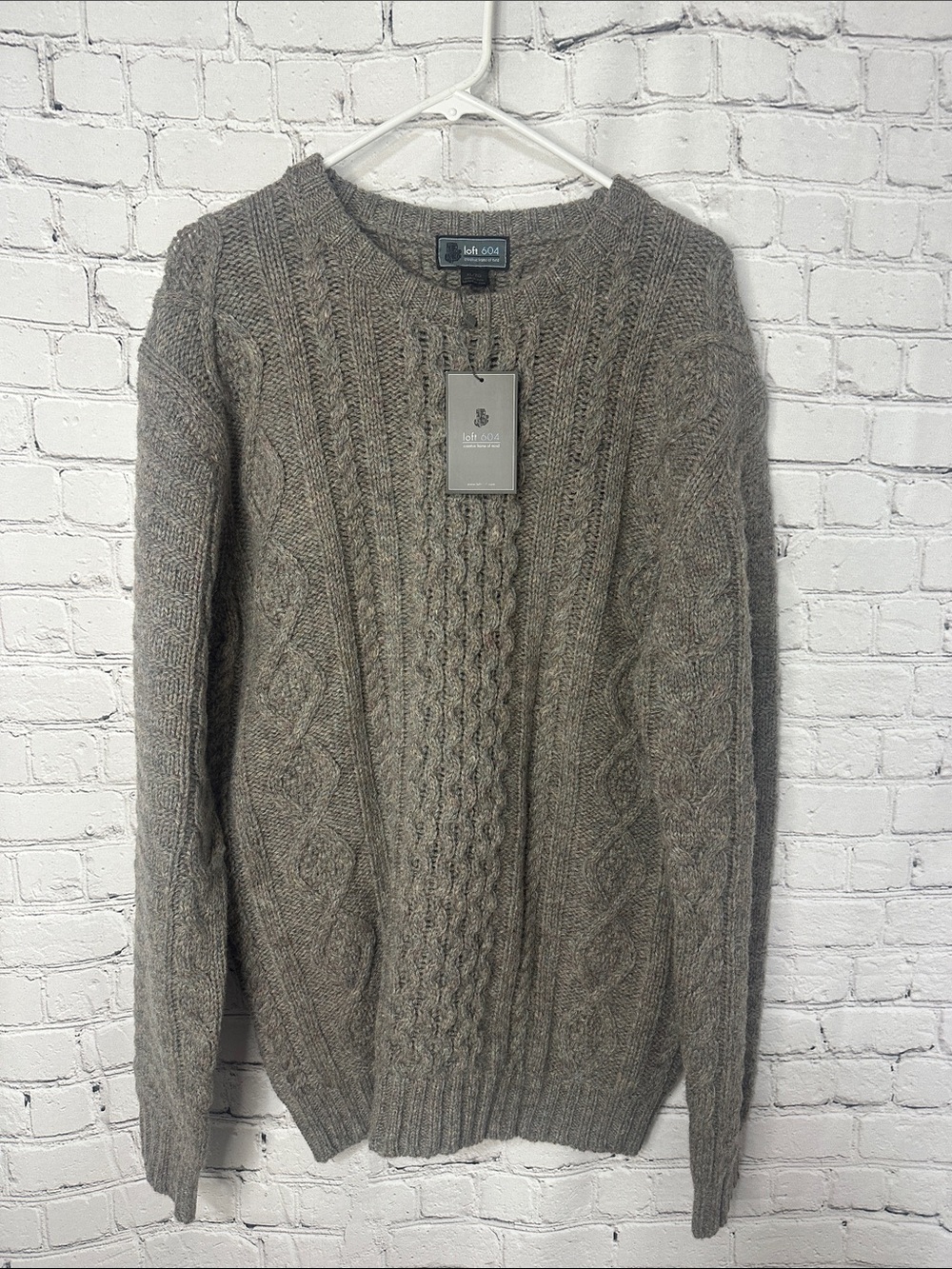 Loft 604 Men's Brown Gray Cable Knit Crewneck Sweater 100% wool NEW XL